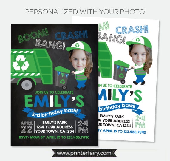 Garbage Truck Personalized Birthday Invitation with Photo, Digital or Printable Design