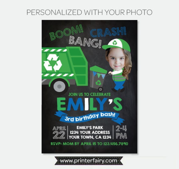 Garbage Truck Personalized Birthday Invitation with Photo, Digital or Printable Design