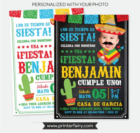 Fiesta First Birthday Invitation with Photo, Spanish (Digital Invite)