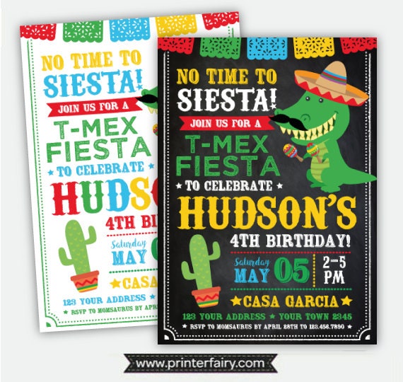 T-Mex Fiesta Birthday Invitation, Dinosaur Invite (Digital)