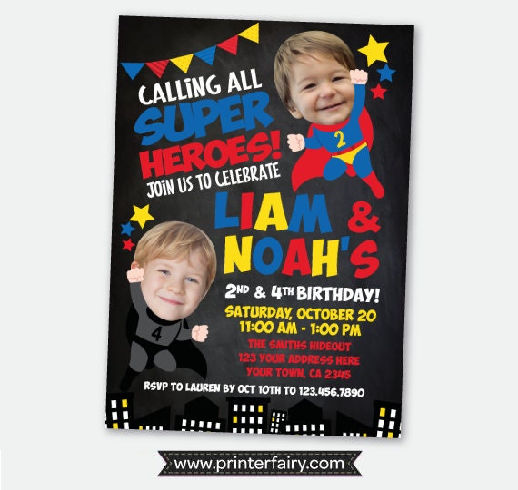 Superhero Sibling Birthday Invitation with Photo (Digital Invitation)