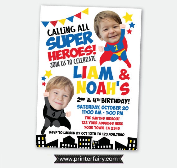 Superhero Sibling Birthday Invitation with Photo (Digital Invitation)