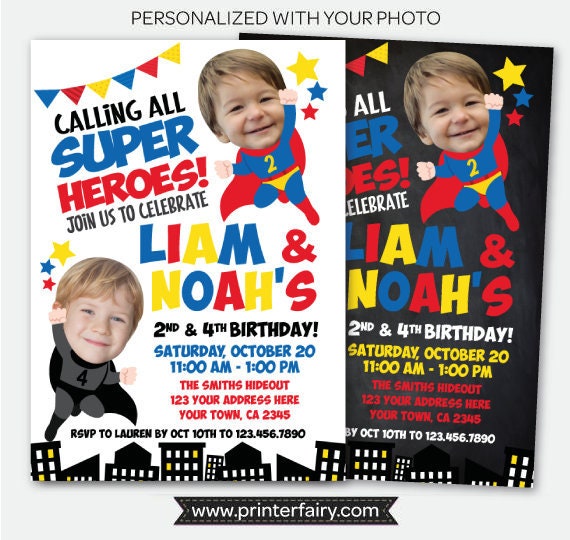 Superhero Sibling Birthday Invitation with Photo (Digital Invitation)