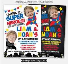 Superhero Sibling Birthday Invitation with Photo (Digital Invitation)