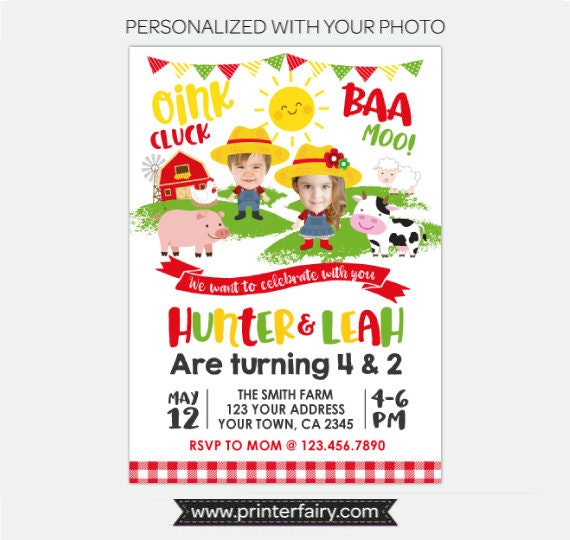 Farm Birthday Invitation with Photo, Barnyard Party (Digital Invitation)