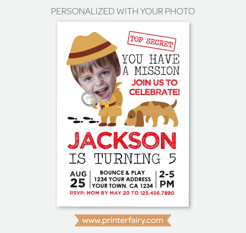 Detective Birthday Invitation with Photo, Secret Agent Spy Party (Digital Invitation)