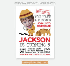 Detective Birthday Invitation with Photo, Secret Agent Spy Party (Digital Invitation)