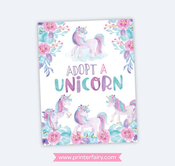 Unicorn Adoption Party Sign and Certificate, Instant Download