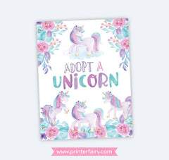 Unicorn Adoption Party Sign and Certificate, Instant Download