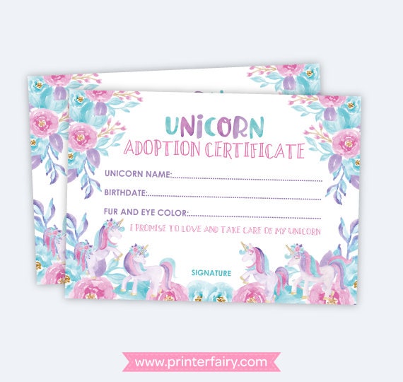 Unicorn Adoption Party Sign and Certificate, Instant Download