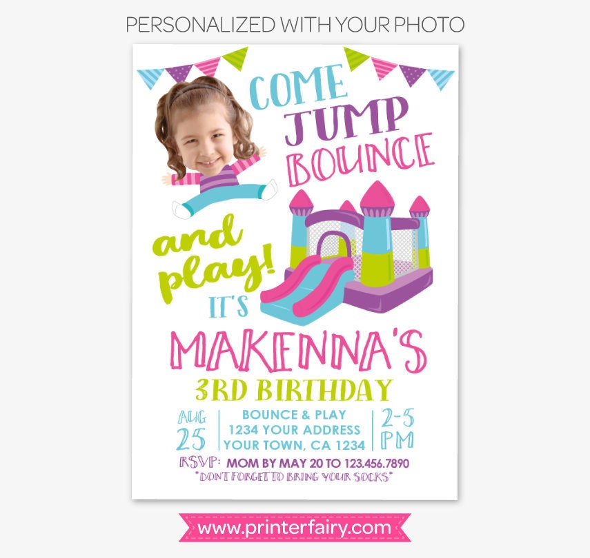 Bounce House Girl Birthday Invitation with Photo, Personalized Digital or Printable Design