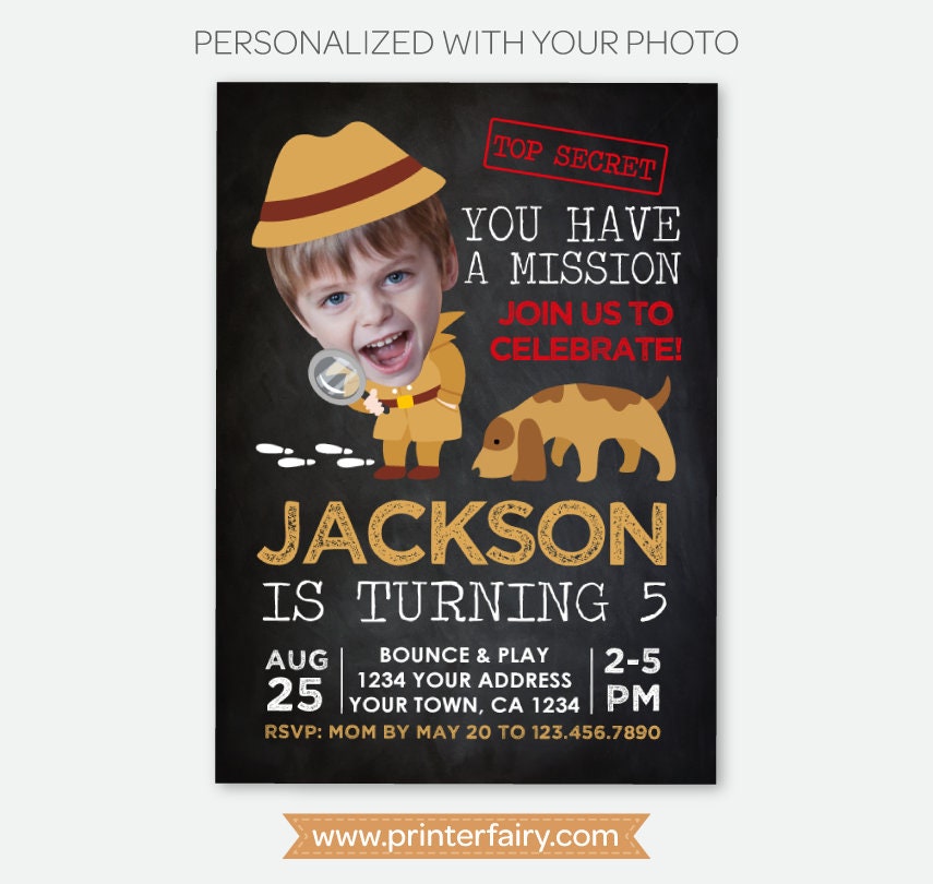 Detective Birthday Invitation with Photo, Secret Agent Spy Party (Digital Invitation)