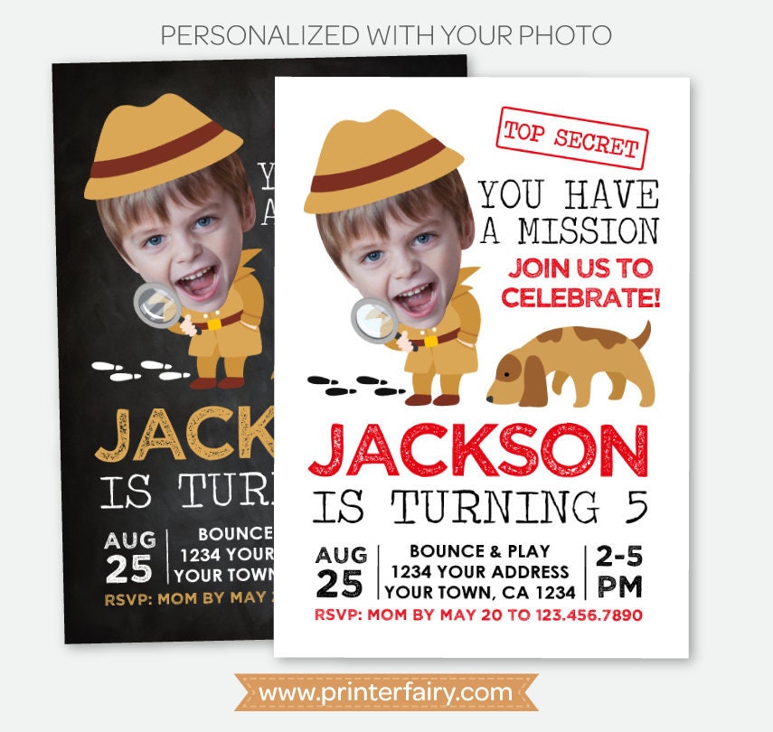 Detective Birthday Invitation with Photo, Secret Agent Spy Party (Digital Invitation)