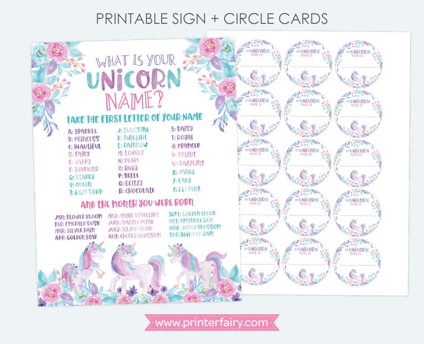 Unicorn Name Game Sign, Birthday Party Game (Instant Download)