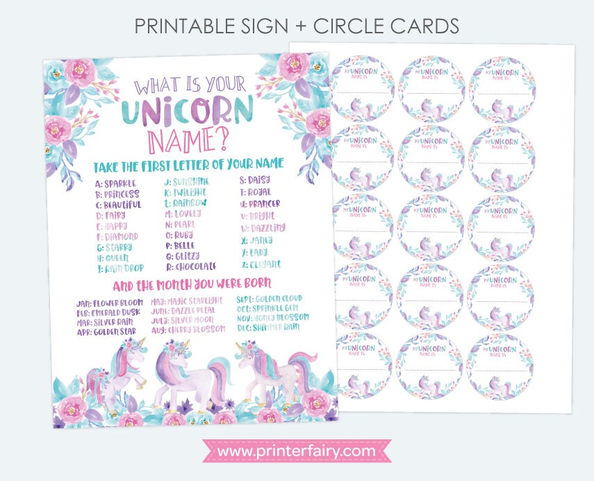 Unicorn Name Game Sign, Birthday Party Game (Instant Download)