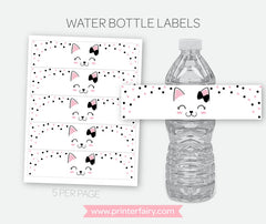 Kitty Cat Water Bottle Labels, Printable Digital Labels, Pink and black, INSTANT DOWNLOAD