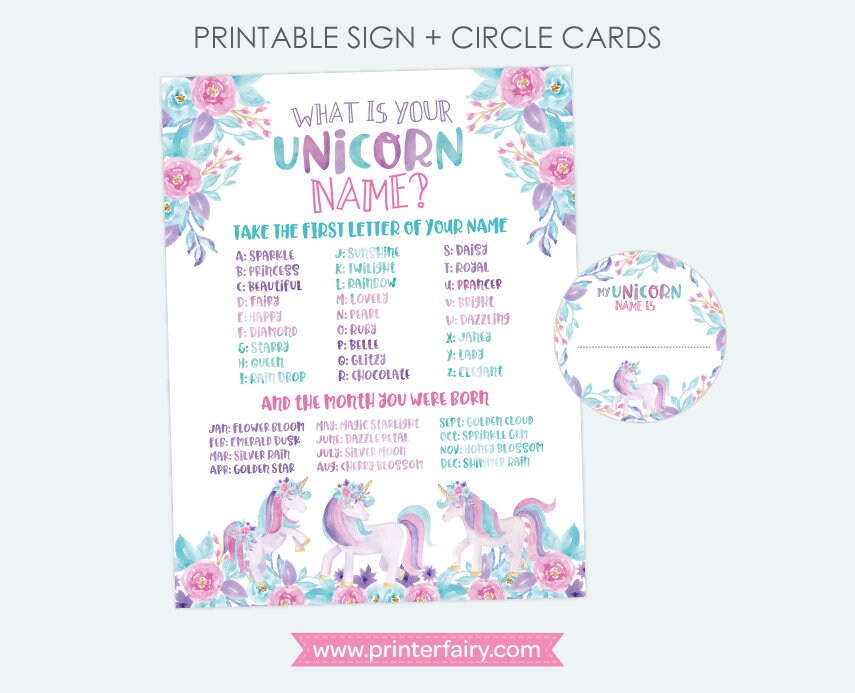 Unicorn Name Game Sign, Birthday Party Game (Instant Download)