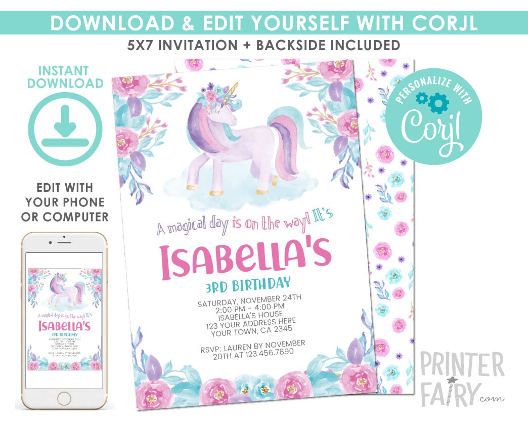 Unicorn Birthday Invitation, Magical Floral Party (Digital Download)