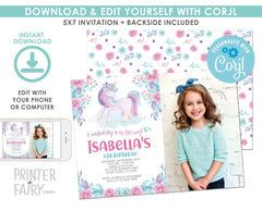 Editable Unicorn Birthday Invitation Template, Floral Party Invite (Digital Download)