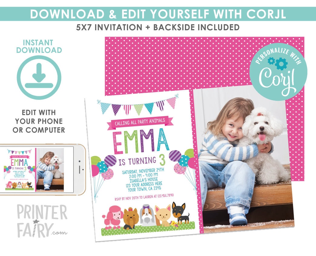 Puppy Adoption Birthday Party Invitation Editable Template, Instant Download