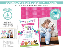 Puppy Adoption Birthday Party Invitation Editable Template, Instant Download