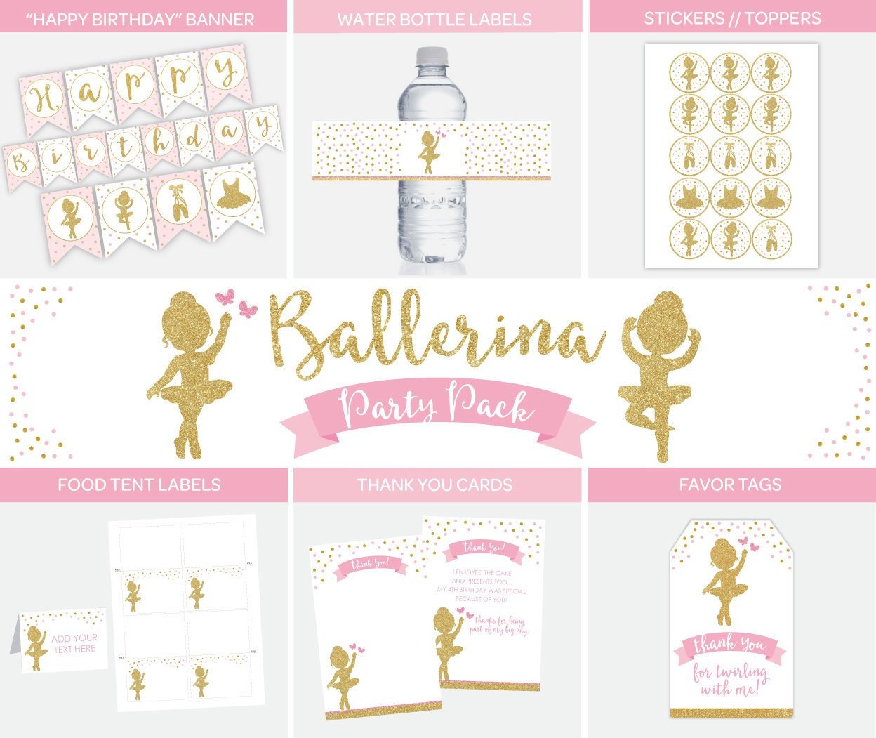 Ballerina Birthday Party Decor Bundle | Pink & Gold Ballet Decorations | Printable Birthday Set | Instant Download