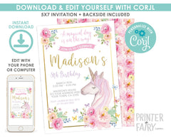 Floral Unicorn Birthday Invitation, Editable Template (Digital Download)