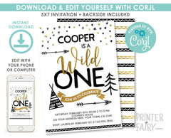 Wild One Birthday Invitation Template, Editable First Birthday, Instant Download