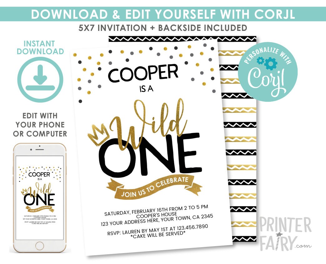 Wild One Birthday Invitation, King 1st Birthday, EDITABLE (Digital Invite)