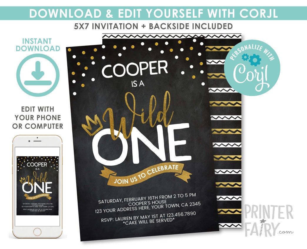 Wild One 1st Birthday Invitation, Chalkboard Design (Digital Invite)