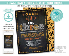Wild and Three Safari Birthday Invitation, Animal Print (Digital Invite)