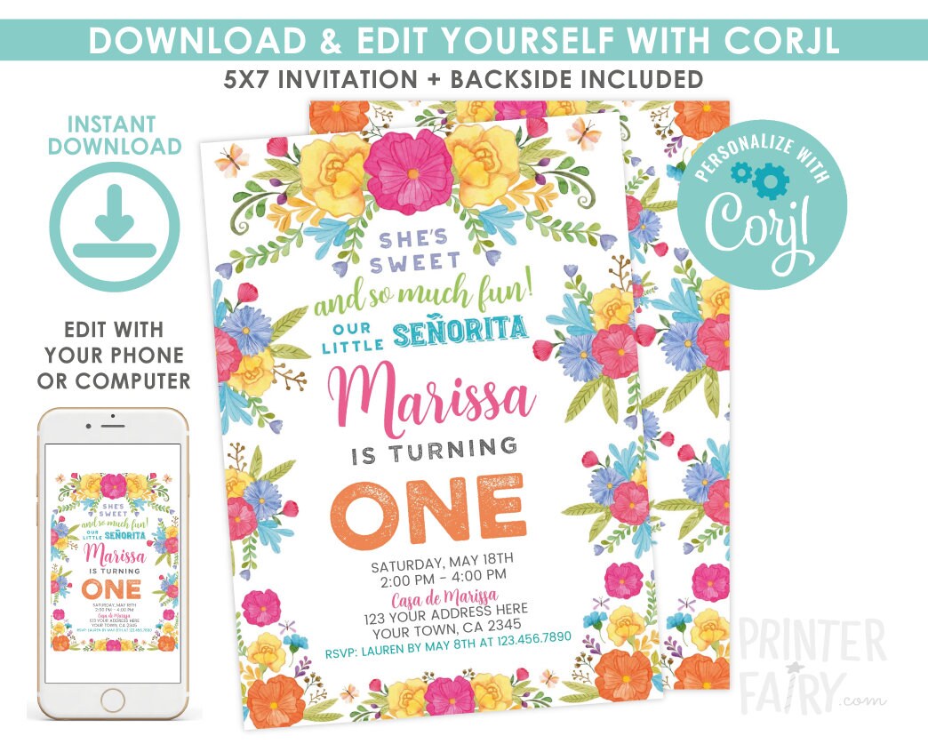Fiesta 1st Birthday Invitation EDITABLE Template, Cinco de Mayo Invite, INSTANT DOWNLOAD