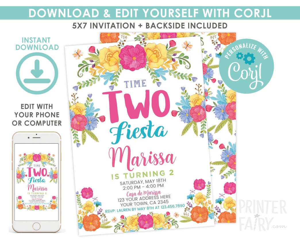 Editable Fiesta 2nd Birthday Invitation, Floral (Digital Invite)