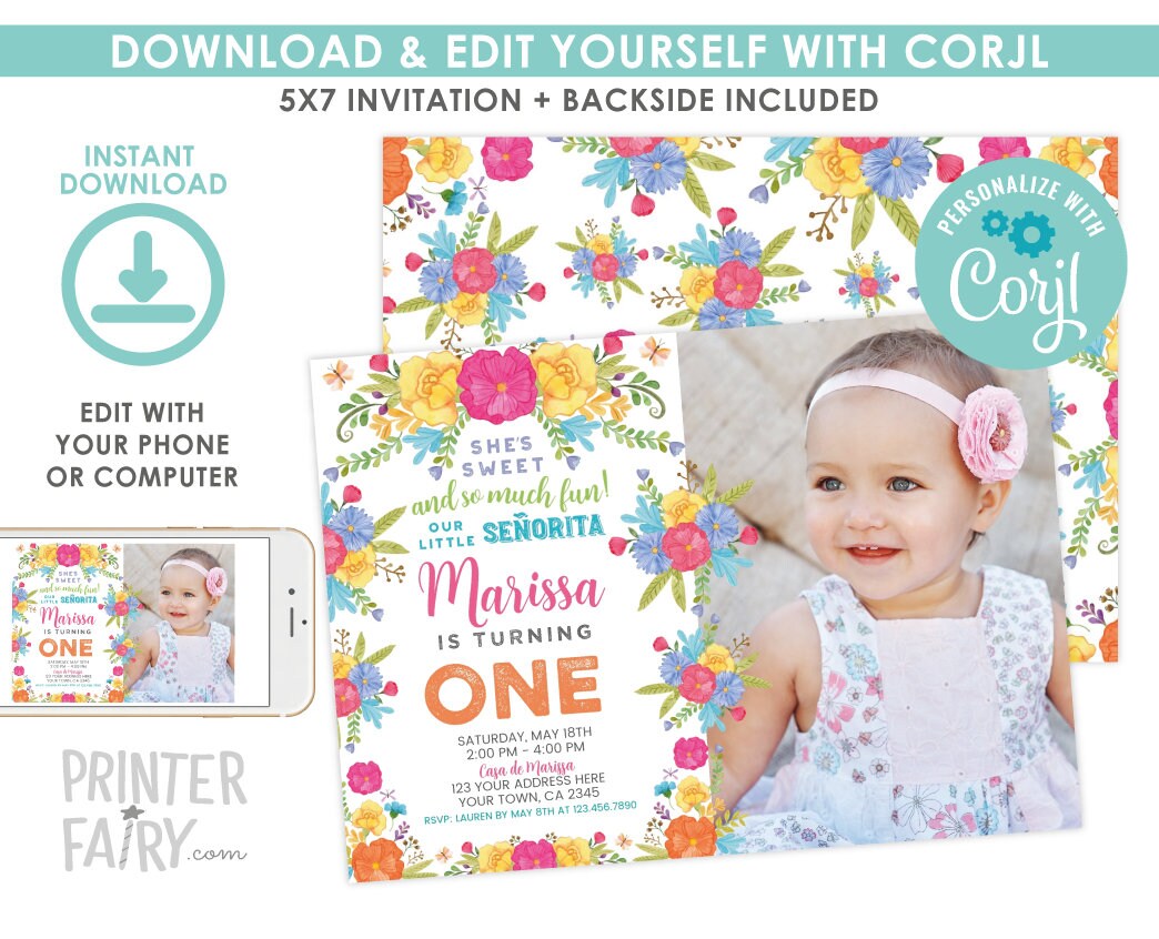 Editable Fiesta 1st Birthday Invitation, Little Senorita (Digital Invite)