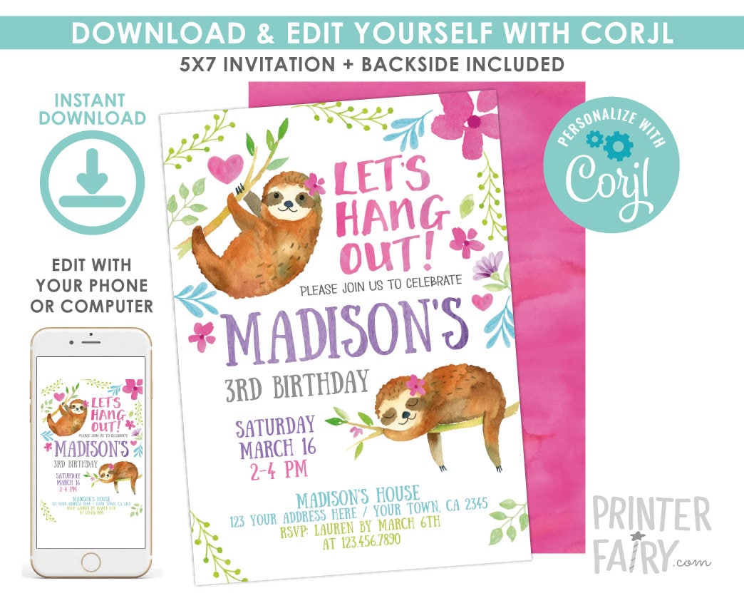 Editable Sloth Birthday Invitation, Jungle Theme (Digital Invite)
