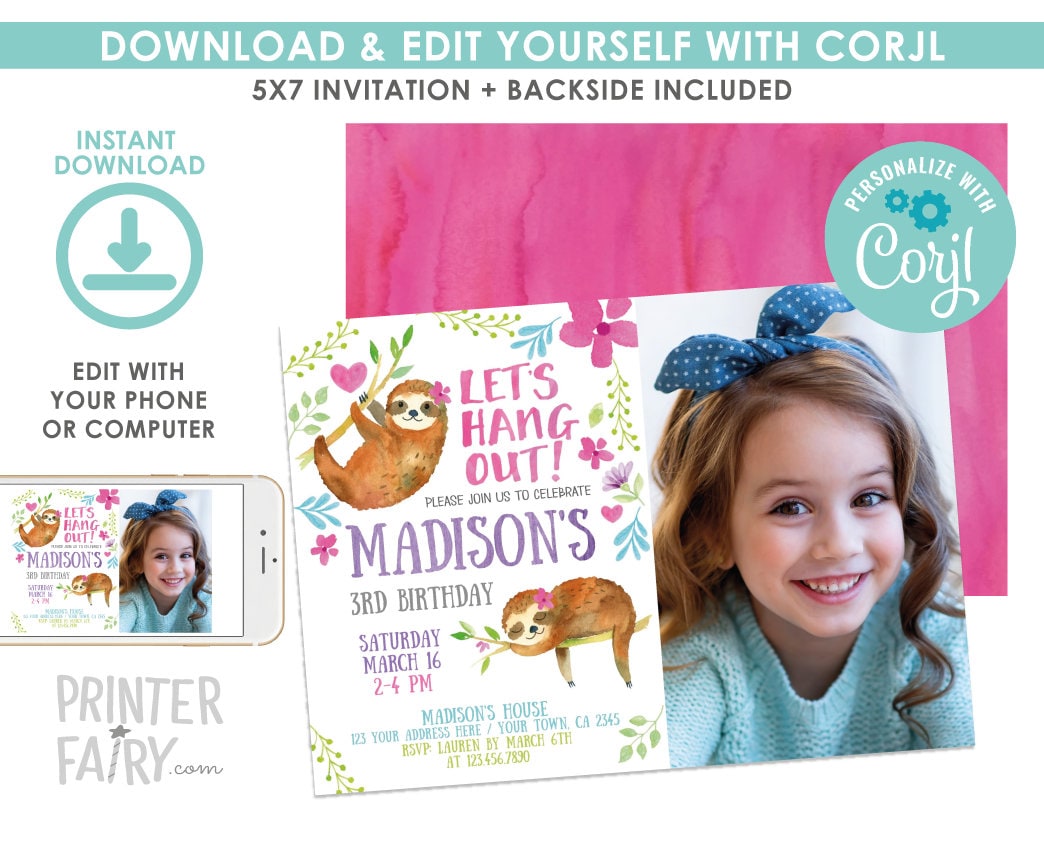 Sloth Birthday Invitation with Photo, Jungle Party, Editable Digital Invite