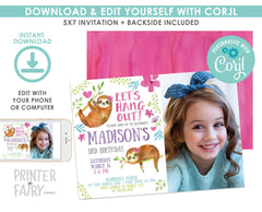 Sloth Birthday Invitation with Photo, Jungle Party, Editable Digital Invite