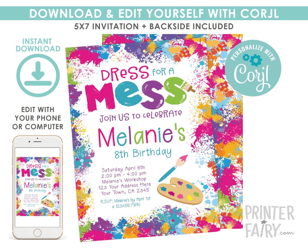 Art Birthday Invitation, Colorful Paint Party (Digital Invite)