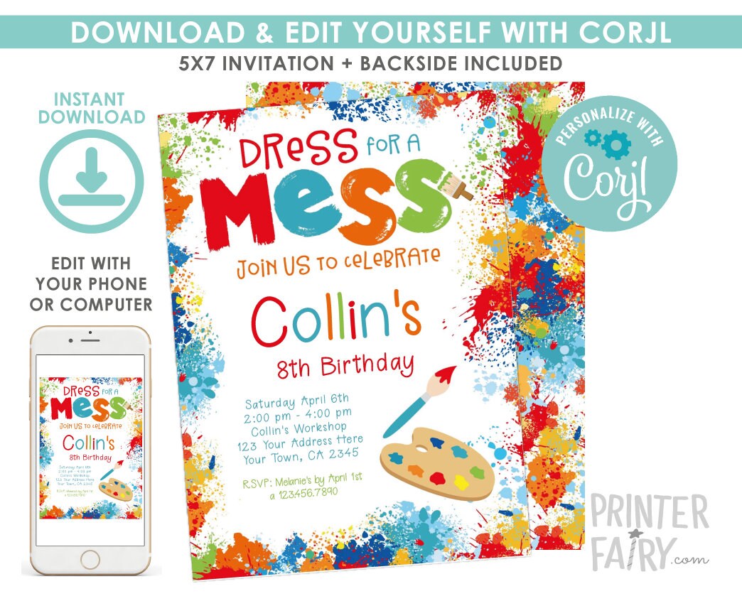 Editable Art Birthday Invitation Editable Template, Painting Party (Instant Download)