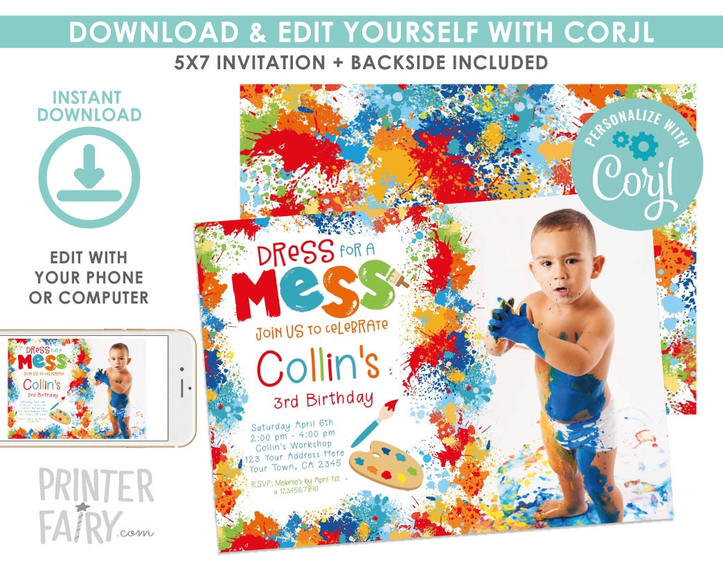 Editable Art Birthday Invitation with Photo (Digital Invite)