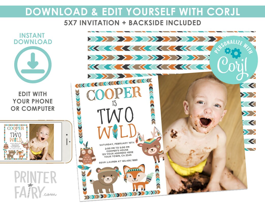 Tribal Woodland Birthday Invitation with Photo, Two Wild, Editable (Digital Invite)