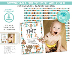 Tribal Woodland Birthday Invitation with Photo, Two Wild, Editable (Digital Invite)