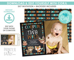 Tribal Woodland Birthday Invitation with Photo, Two Wild (Digital Invite)