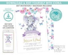 Floral Elephant Baby Shower Invitation, Girl Jungle Safari, Editable Digital Invite