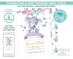 Floral Elephant Baby Shower Invitation, Girl Jungle Safari, Editable Digital Invite