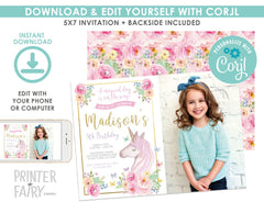 Editable Floral Unicorn Birthday Invitation with Photo (Digital Invite)