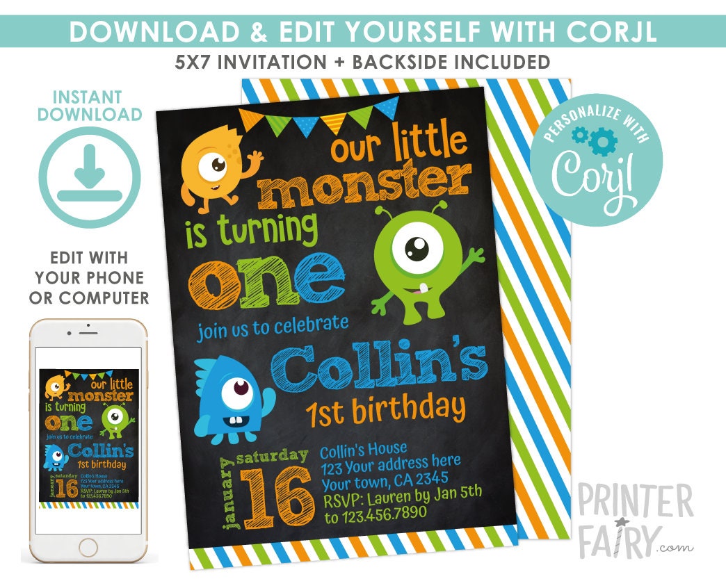 Little Monster Invitation 1st Birthday Party, Any age, EDIT YOURSELF Digital Invite, Instant Download