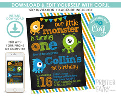 Little Monster Invitation 1st Birthday Party, Any age, EDIT YOURSELF Digital Invite, Instant Download