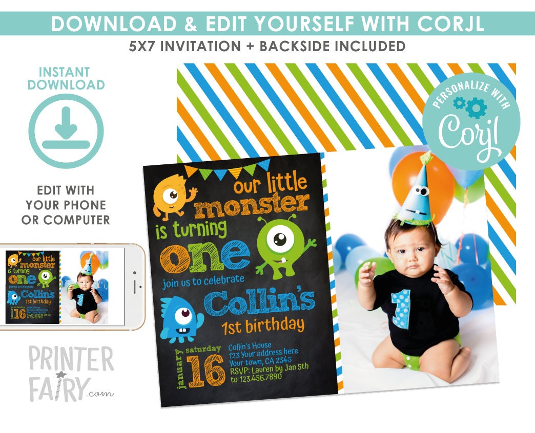 Little Monster Birthday Invitation with Photo (Digital Download)