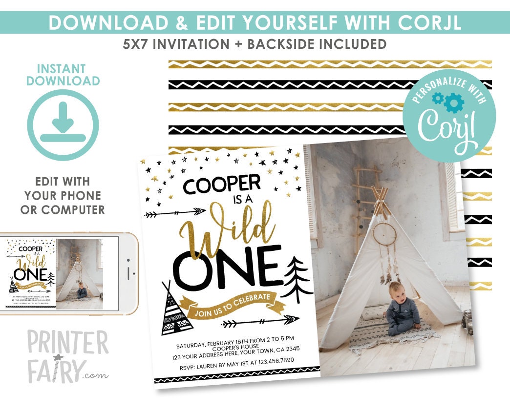 Wild One Birthday Invitation with Photo, Editable Digital Invite